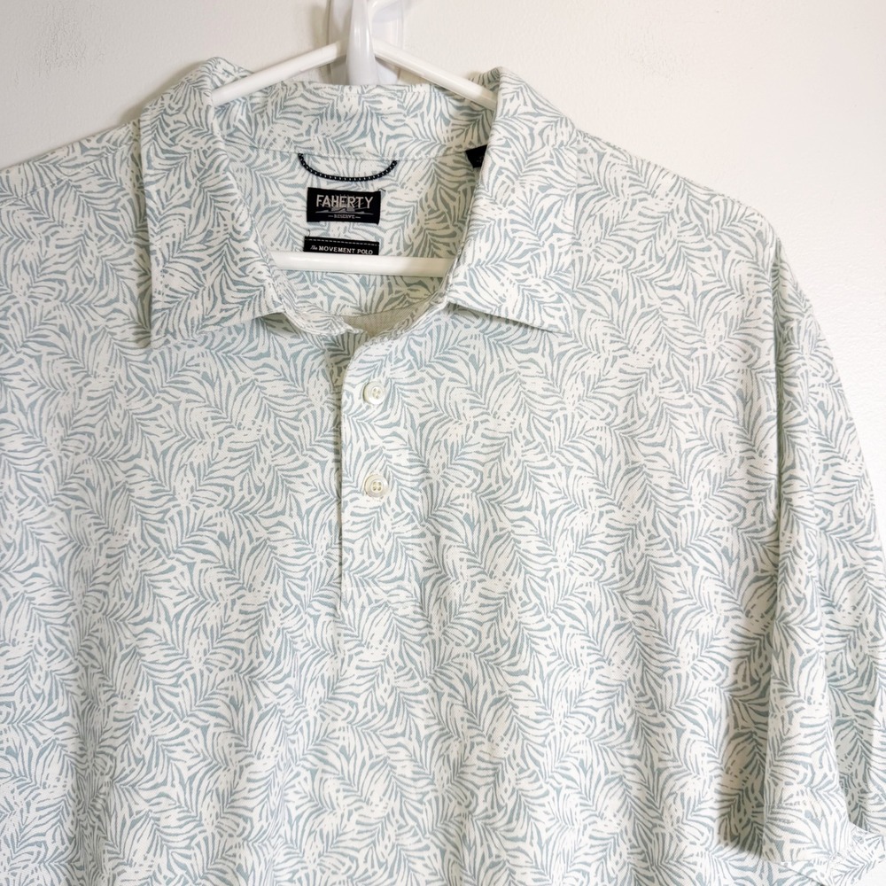 Faherty Polo Men XL Blue White Palm Leaf The Movement Polo Short Sleeve Shirt